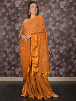Odette - Orange Embellished Chiffon Saree with Unstitched Blouse For Women