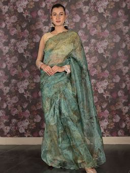 Odette - Dark Green Beads Organza Saree without Blouse For Women