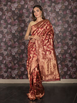 Odette - Maroon Silk Blend Woven Saree with Unstitched Blouse For Women