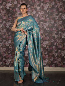 Odette - Blue Woven Silk Blend Saree with Unstitched Blouse For Women