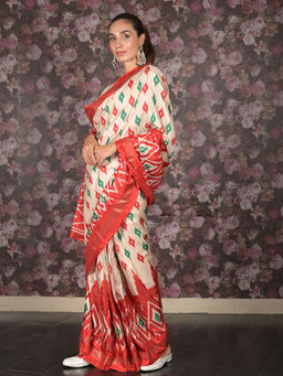 Odette - Cream Printed Silk Blend Saree with Unstitched Blouse For Women