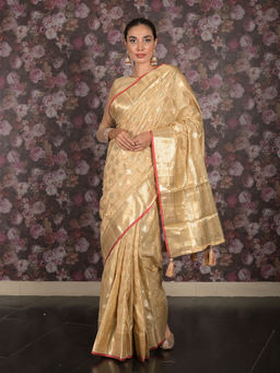 Odette - Beige Silk Blend Woven Saree with Unstitched Blouse For Women