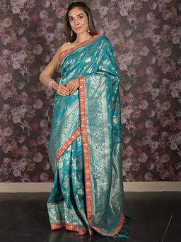 Odette - Teal Ethnic Banarasi Silk Saree with Unstitched Blouse For Women