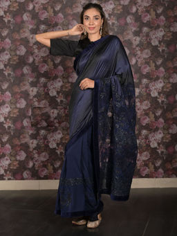 Odette - Navy Blue Sequins Embroidered Lycra Saree with Unstitched Blouse For Women