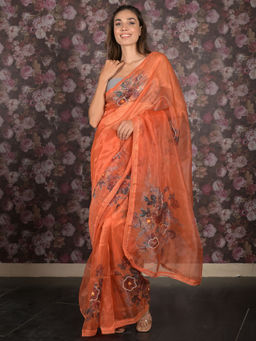 Odette - Orange Printed Organza Saree with Unstitched Blouse For Women