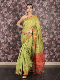 Odette - Sea Green Woven Cotton Silk Blend Saree with Unstitched Blouse For Women