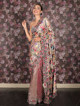 Odette - Beige Net Shimmer & Printed Saree with Unstitched Blouse For Women