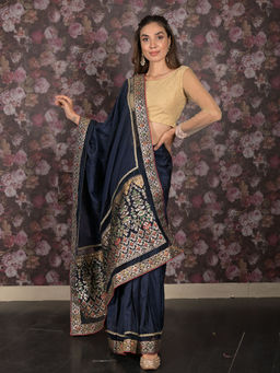 Odette - Navy Blue Embroidered Crepe Saree with Unstitched Blouse For Women