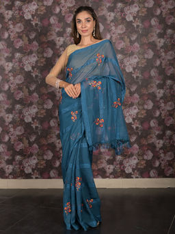 Odette - Teal Embroidered Poly Georgette Saree without Blouse For Women