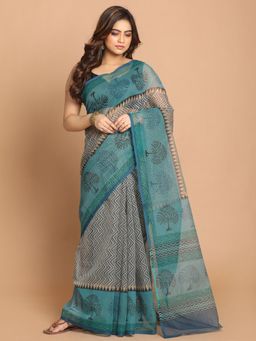 Indethnic - Blue Printed Cotton Blend Saree with Unstitched Blouse