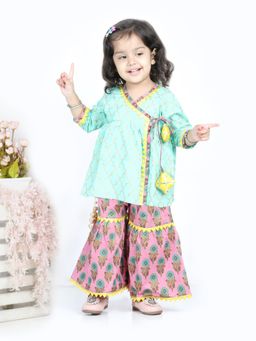 BownBee - Girls Block Print Cotton Angrakha With Sharara- Green (Set of 2)