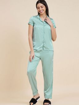 Sweet Dreams - Women Solid Front Open Shirt with Pyjama (Set of 2)