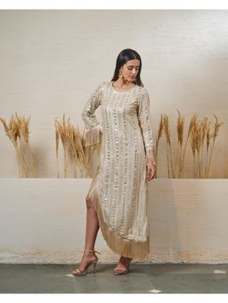 Akanksha Mago - High Low Ivory Dress with Tassel Work