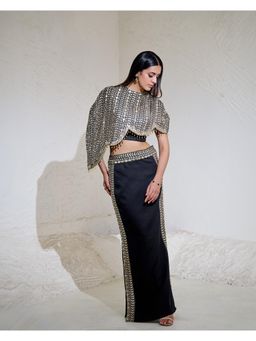 Akanksha Mago - Black High Slit Lehenga with Stitched Blouse and Cape