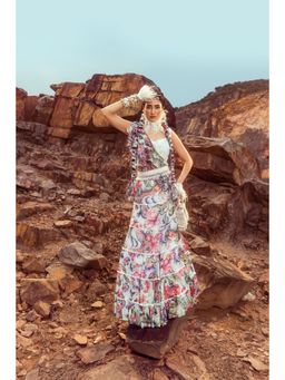 Akanksha Mago - Printed Layered Belted Lehenga with Stitched Blouse and Dupatta