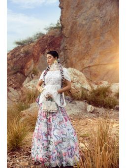 Akanksha Mago - Off Shoulder Peplum Top with Gathered Lehenga