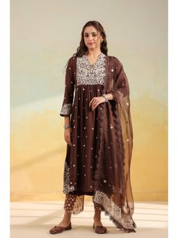 Label Niti Bothra - Brown Dori Paisley Kurta With Pant And Dupatta