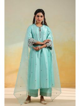 Label Niti Bothra - Light Blue Rose Cut Scallop Kurta With Palazzo And Dupatta