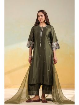 Label Niti Bothra - Olive Green Rose Cut Scallop Kurta With Palazzo And Dupatta