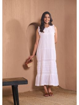 House of Chikankari - Dobby Cotton Chikankari Womens Long Crochet Lace Ruffle Dress-White