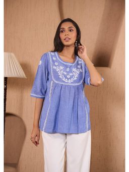 House of Chikankari - Cotton Chambray Chikankari Womens Top With Ladder Lace Work -Blue