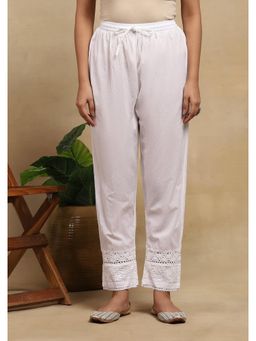 House of Chikankari - Cotton Chikankari Mukaish Womens Pant With Lace - White