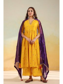 Label Niti Bothra - Yellow Multi Zardozi Buti Anarkali Kurta With Pant And Dupatta