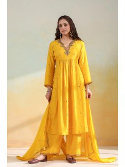 Label Niti Bothra - Yellow Multicolour Zardozi Anarkali Kurta With Pant And Dupatta