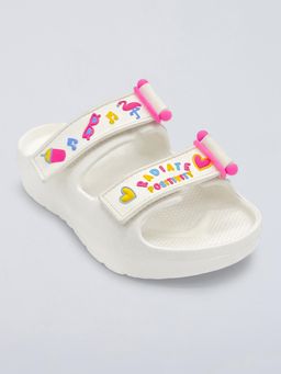 Hopscotch - White Typographic Graphic Sandals