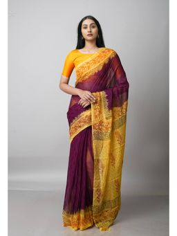 Unnati Silks - Dark Wine Yellow Diamond Chiffon Rapid Hand Block Silk Saree with Unstitched Blouse