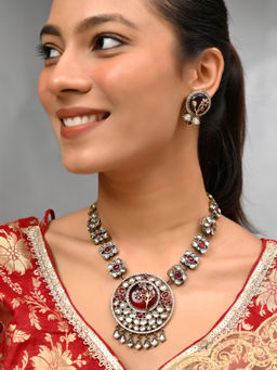 Silvermerc Designs - Red & White Stone Kundan Necklace with Earrings