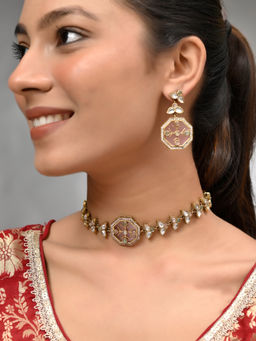 Silvermerc Designs - White Gold Plated Kundan Necklace with Earrings