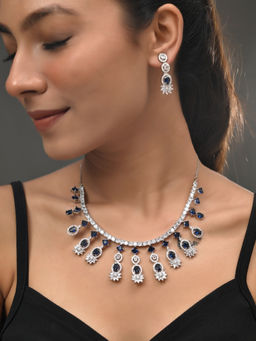 Silvermerc Designs - Blue American Diamond Necklace with Earrings