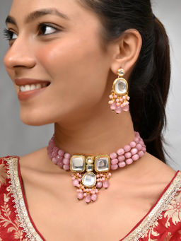 Silvermerc Designs - Pink Beaded Pearl Choker Necklace with Earrings