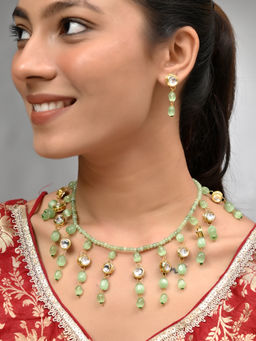 Silvermerc Designs - Green Beads Kundan Necklace with Earrings