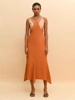 RISHI & VIBHUTI - Tan Halter Neck Swirl Dress