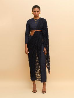 RISHI & VIBHUTI - Blue Contemporary Mesh Crop Top with Pant and Draped (Set of 3)