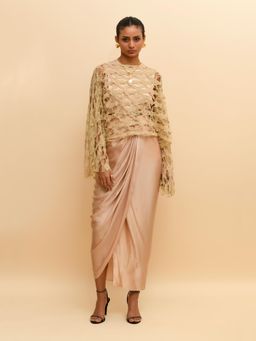 RISHI & VIBHUTI - Beige Gauzy Tee Overlay with Bodice (Set of 2)