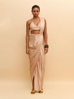 RISHI & VIBHUTI - Beige Pre Draped Saree with Stitched Blouse