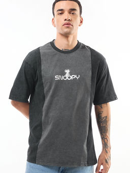 Bewakoof - Official Peanuts Men's Grey Snoopy Cut & Sew Oversized Acid Wash T-shirt
