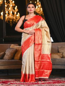 Beatitude - Off White Woven Banarasi Saree with Unstitched Blouse