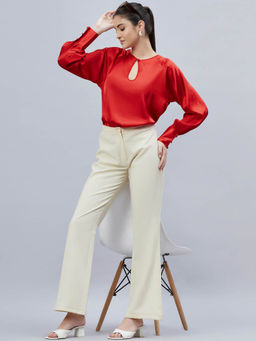 First Resort by Ramola Bachchan - Red Keyhole Solid Satin Shirt