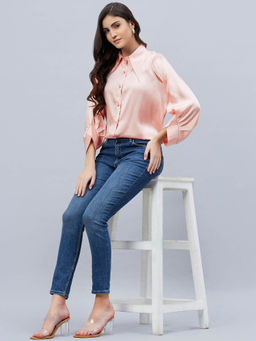 First Resort by Ramola Bachchan - Pink Long Collar Embellished Satin Shirt