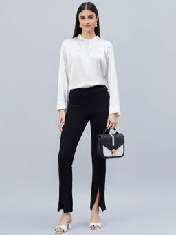 First Resort by Ramola Bachchan - White One Side Pleated Embellished Satin Shirt