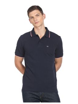Arrow - Sports Men Navy Striped Collar Pique Cotton Solid Polo T-Shirt