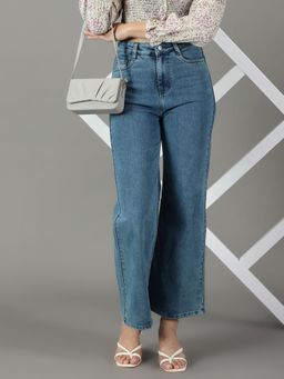 SHOWOFFFF - Women's Stretchable Clean Look Blue Wide Leg Jeans