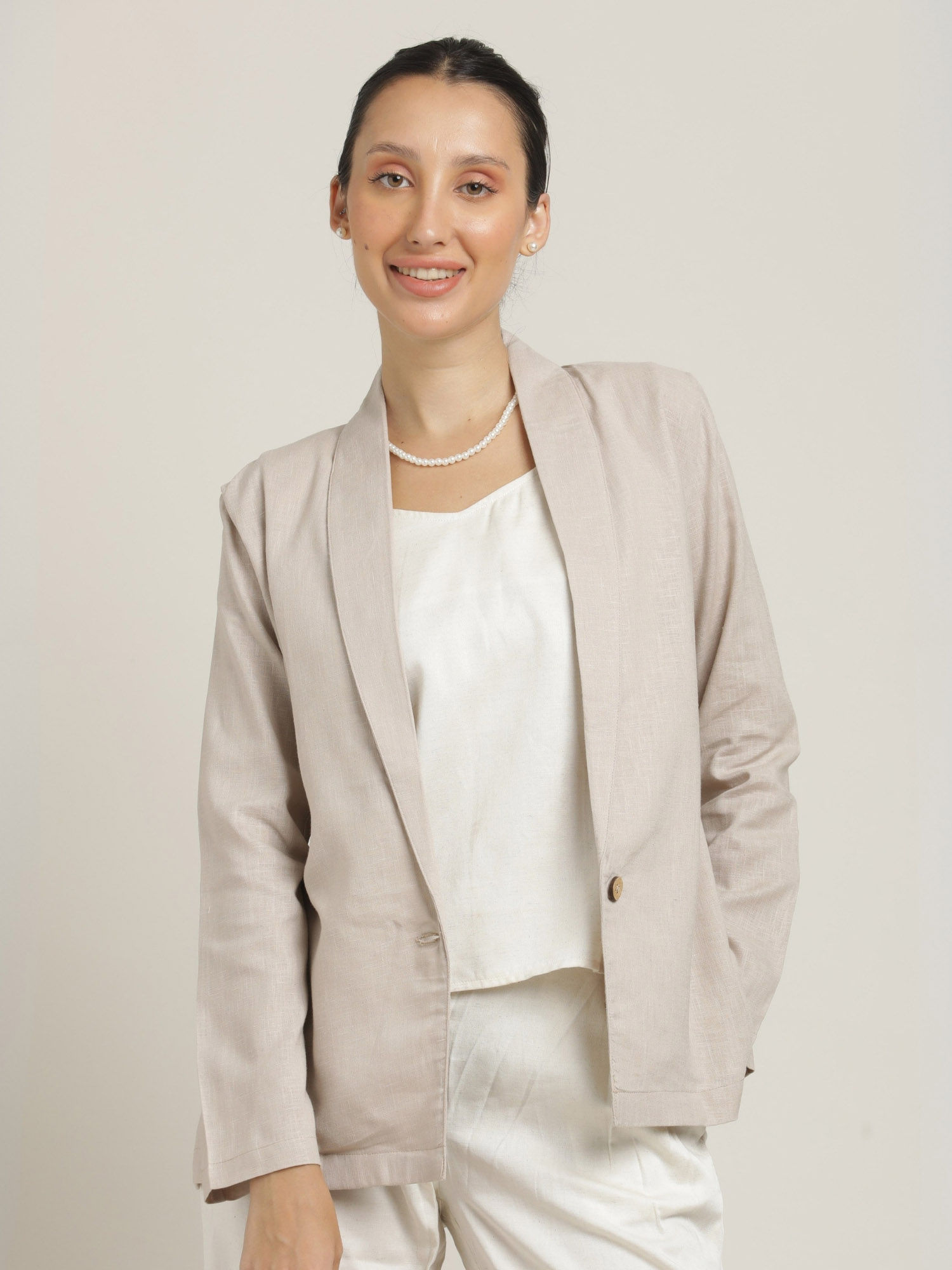 saltpetre Women Linen Cotton Grey Shawl Collar Blazer-picture-34