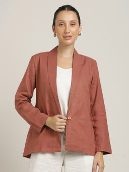 Saltpetre - Women Linen Cotton Maroon Shawl Collar Blazer