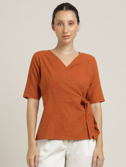 Saltpetre - Women Orange V-Neck Wrap Top