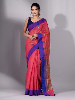 CHARUKRITI - Red Tissue Handwoven Saree with Purple Border Without Blouse